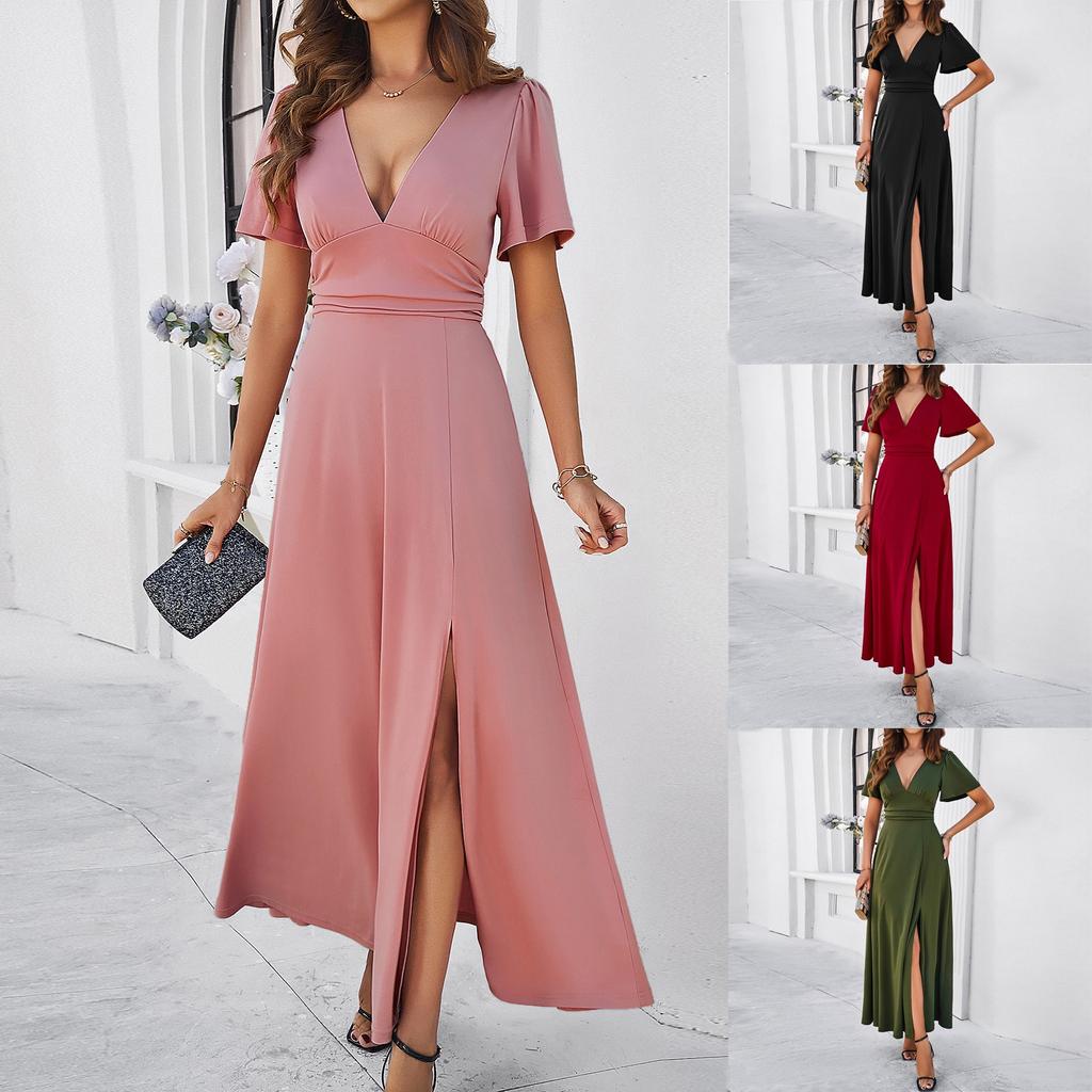 Women's Casual Long Formal Dresses Evening Gowns Solid Color Split Elegant V-Neck A-Line Short Sleeve Wedding Dresses Guest Gowns