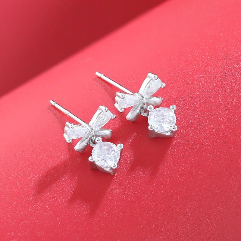 Sterling Zircon Bow Knot Earrings Women Elegant French Chic Minimalist Dainty Ear Studs