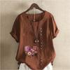 Women's Fashion Round Neck Short Sleeve T-shirt Casual Cotton Linen Graphic Shirt Leisure Loose Flowers Prined Summer Blouse Tops