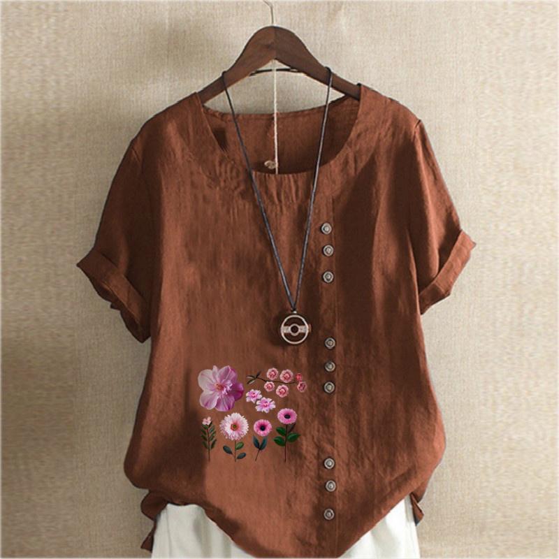 Women's Fashion Round Neck Short Sleeve T-shirt Casual Cotton Linen Graphic Shirt Leisure Loose Flowers Prined Summer Blouse Tops