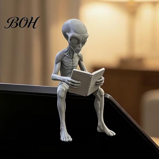 Fine 3D Printing Art Printed Reading Alien Ornament, Creative Sitting Office Monitor Decoration Sculpture, Resin Collectible Figures Desktop