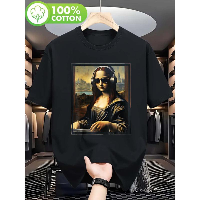 Men'S Mona Lisa DJ Graphic T-Shirt | Black Casual Short Sleeve Crew Neck Tee with Headphones - DJ Mixing Design, Machine Washable, Modern Casual