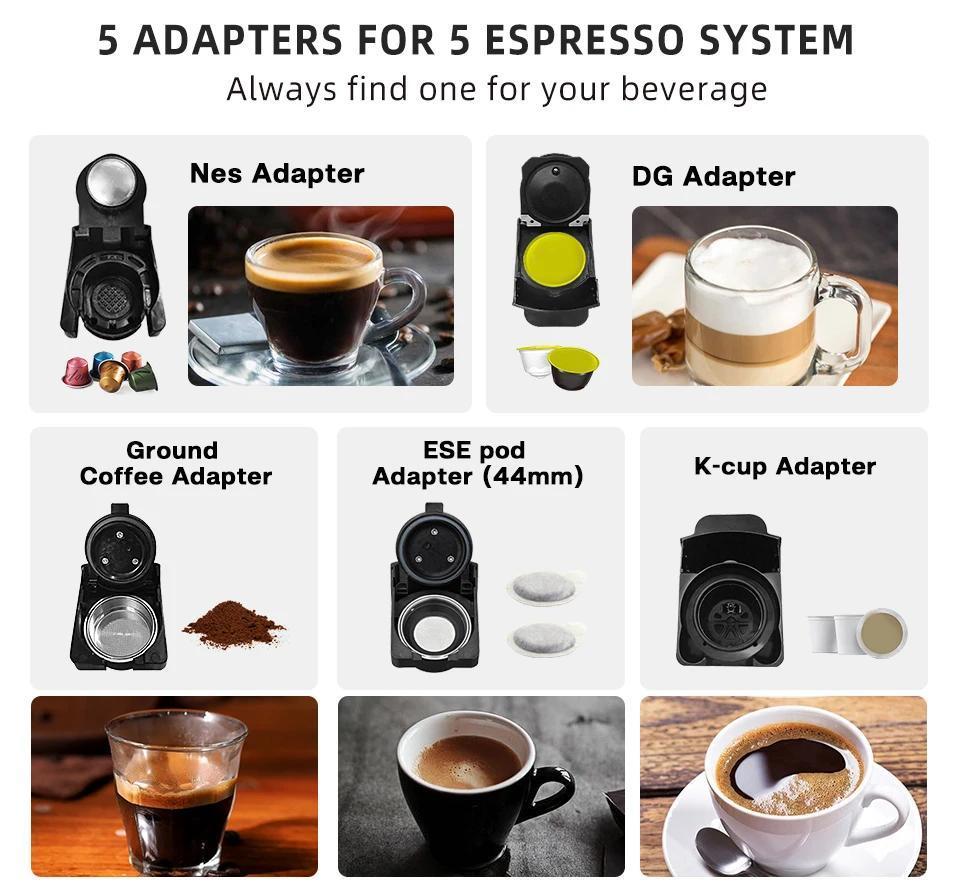 H3A Home 5-in-1 multifunctional capsule espresso machine, compatible with Dolce Gusto, Nespresso, ESE capsules, and coffee powder, stainless steel