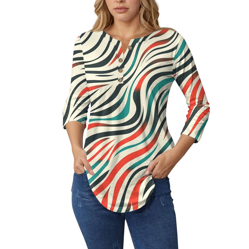 Женские топы с рукавами 3/4, летние футболки с цветочным принтом и V-образным вырезом, повседневные базовые футболки с пуговицами, туники