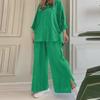 2024 Women's Cotton-Linen Casual Two-Piece Set: Solid Color Long-Sleeve Shirt & Pants