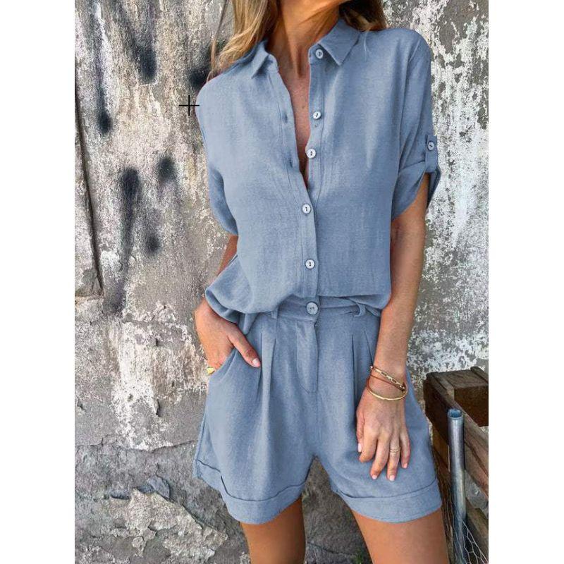 Collar Shirt Solid Color Shorts Set Lapel Shirt Pure Color Casual Shorts Suit