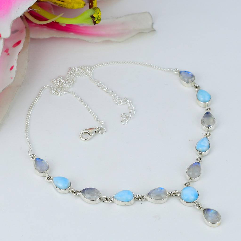 Natural Rainbow Moonstone, Larimar Gemstone 925 Solid Silver Necklace 18" N3C01