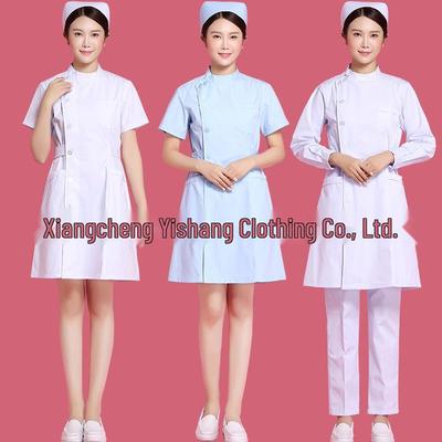 Летняя медсестринская форма: Больничный белый халат с короткими/длинными рукавами, боковой планкой и воротником-стойкой для работы на стажировке в аптеке.