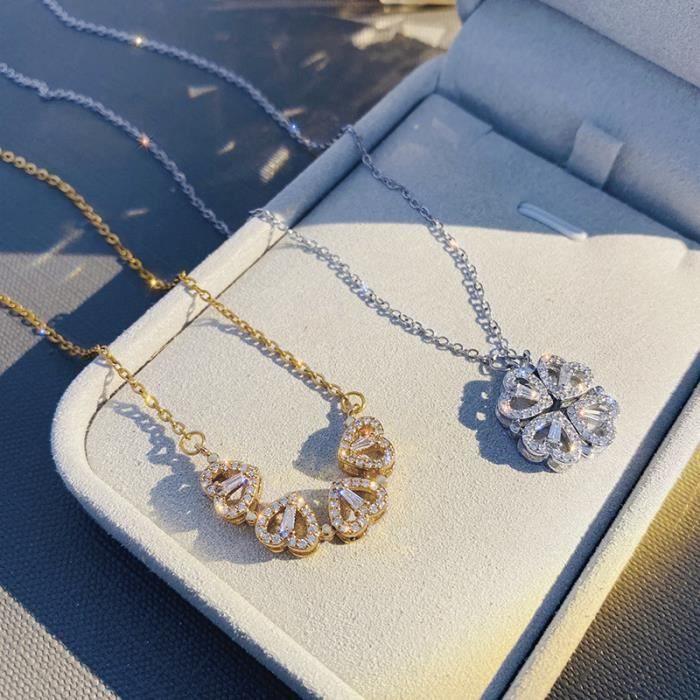 Collier - SILVER - Trèfle à quatre feuilles - Zircon - Pendentif cœur - Chaîne à clavicule