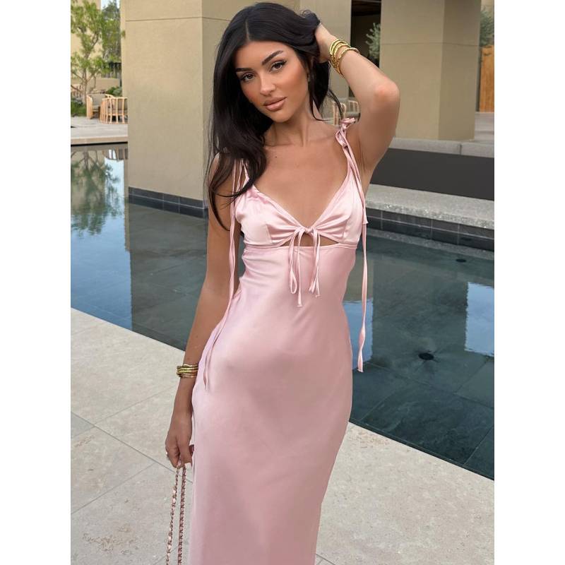 Summer Pink V Neck Slip Dress With Ties For Casual And Party Wear