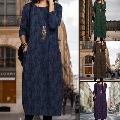 Женское весенне-осеннее платье миди с круглым вырезом и длинными рукавами, карманами, дизайнерским принтом, свободное элегантное платье, уличная одежда