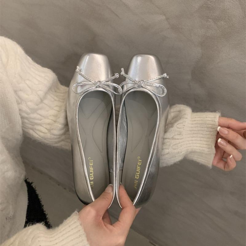 French Retro Silver Bow Flats Gentle Style Women's Shoes