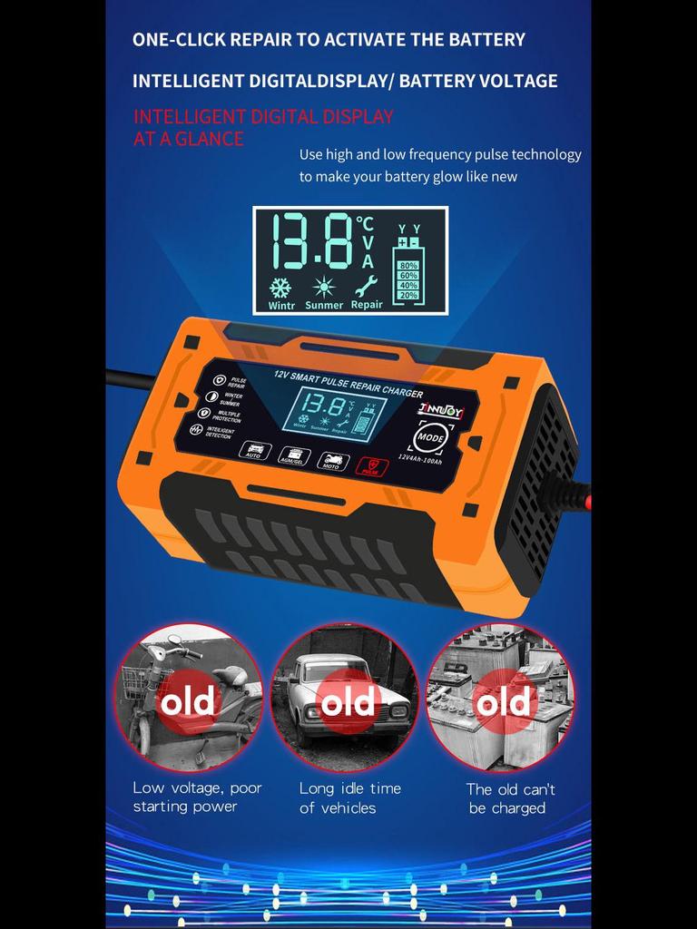 Интеллектуальное зарядное устройство для аккумуляторов 12 В с импульсным дисплеем для мотоциклов и автомобилей