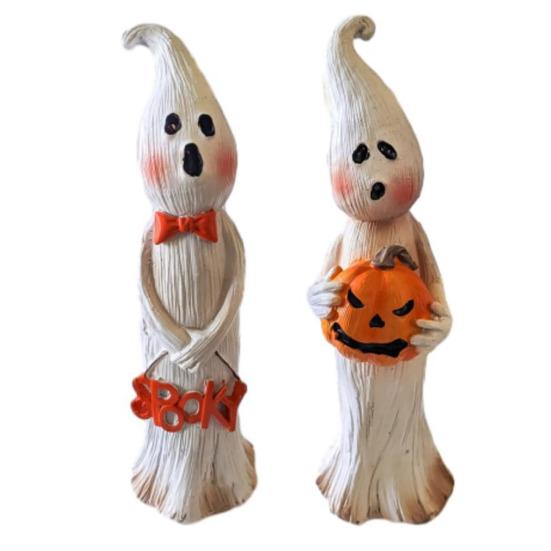 Ghost Figurine Resin Ghost Ornament with Pumpkin Desktop Ghost Sculpture for Halloween