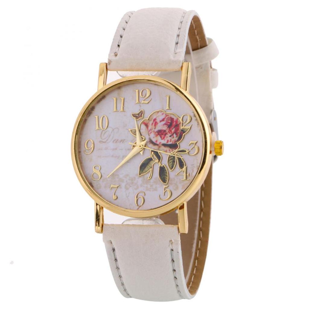 Useful Women Number Rose Flower Round Dial Faux Leather Band Quartz Wrist Watch