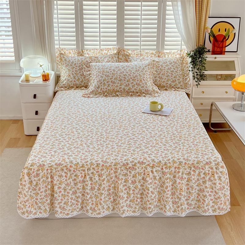 1c Pure Cotton Bed Skirt Floral Style Bed Cover Lace Mattress Protector Skin-friendly Bedspread Roupa De Cama (No Pillowcase)