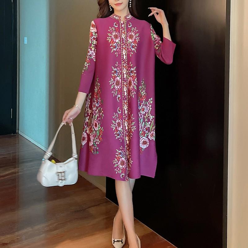 Womens Elegant Pleated Midi Dress With Floral Print Loose Fit Stand Collar Single Button Front Plus Size Friendly