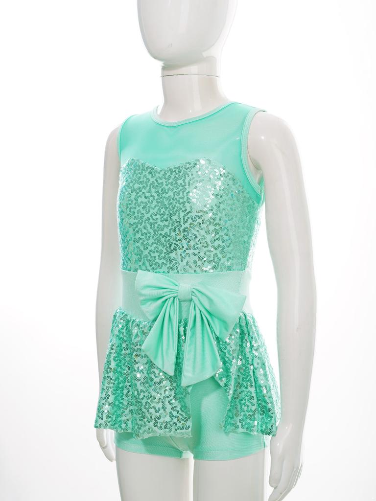 Kids Sleeveless Sequined Dancewear Gymnastics Leotard Girls Ballet Figure Skating Dress Modern Rave Jazz Dance Costume