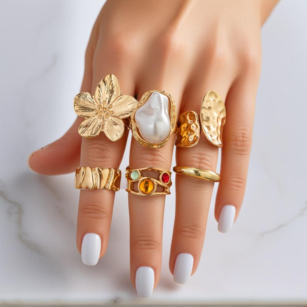 6 шт. Неправильные Преувеличенные Металлические Открытые Кольца-Цветы Женские Элегантные Барокко Кольцо с Имитацией Жемчуга Ювелирные Аксессуары