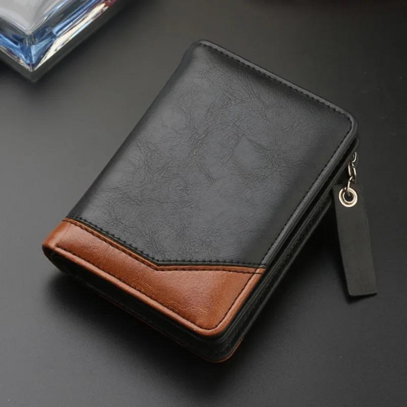 New Men's PU Leather Short Wallet With Zipper Coin Pocket Vintage Big Capacity Male Short Money Purse Card Holder