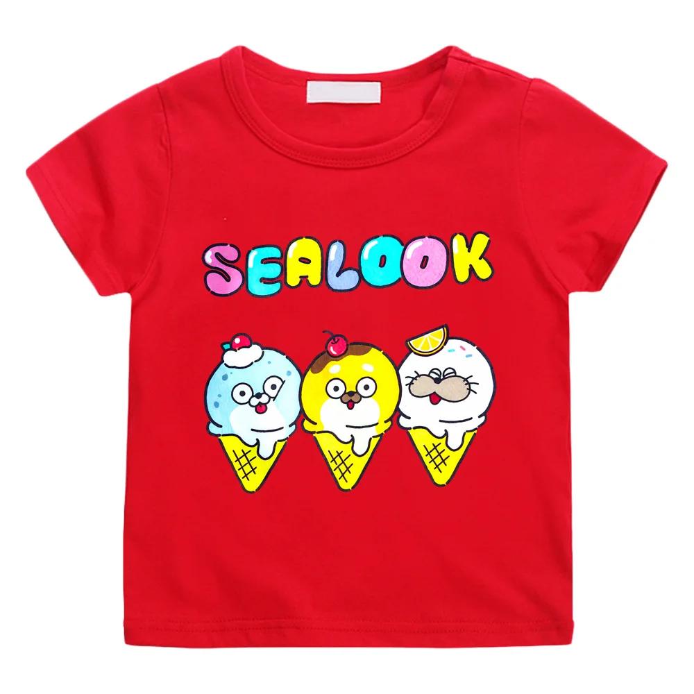 Sealook 100% Хлопок Мультяшные Футболки Детские Милые Мальчики Девочки Короткий Рукав Дышащие Кавайи Детские Высокое Качество Круглый Вырез Футболки