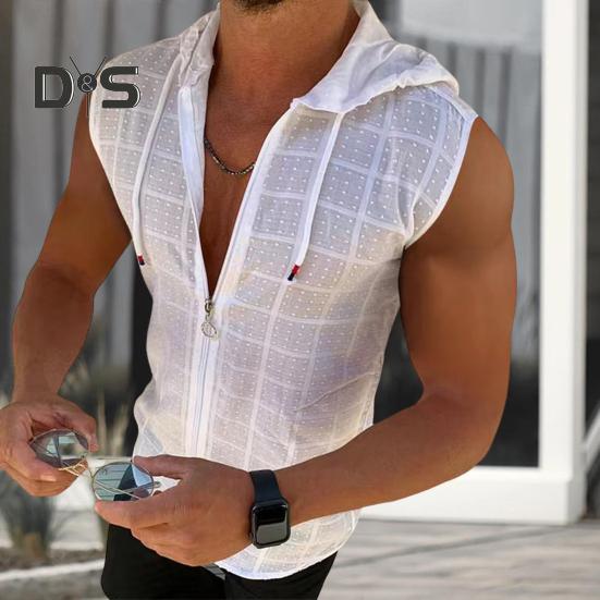 3D Cutting Vest Top Drawstring Модная летняя спортивная толстовка без рукавов с капюшоном