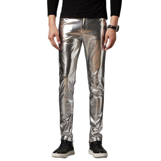 Мужские брюки-карандаш, яркая поверхность, однотонные, застежка-молния, средняя посадка, брюки из искусственной кожи, облегающие, мотоциклетные брюки, уличная одежда