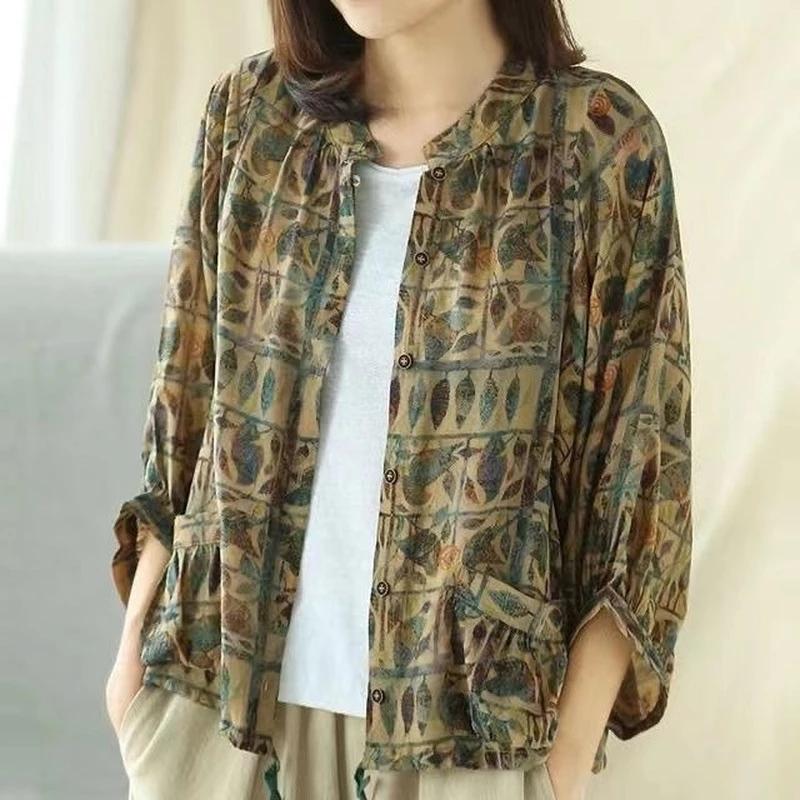 Cotton Linen Women Shirt Vintage Oversized Floral Print Blouses Harajuku Raglan Sleeve Leisure Loose Ladies Casual Button Up Shirts Tops