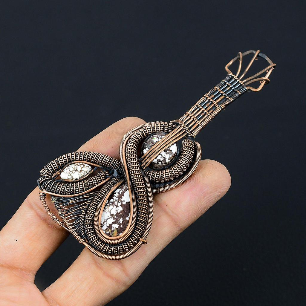 Драгоценный камень дикой лошади в форме гитары, чистая медная проволока, обернутая подвеска ручной работы, ювелирные изделия для подарка