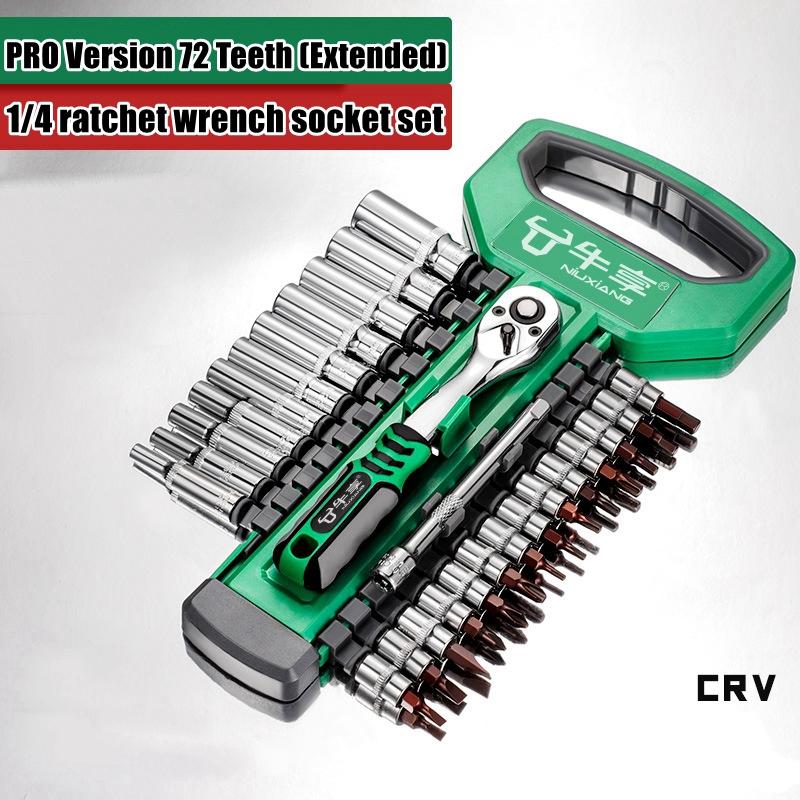 Drive Socket Set 1/4"-3/8"-1/2",CR-V Metric and Imperial Sockets with Quick-Release Ratchet Wrench,pro model 72 teeth, Sockets