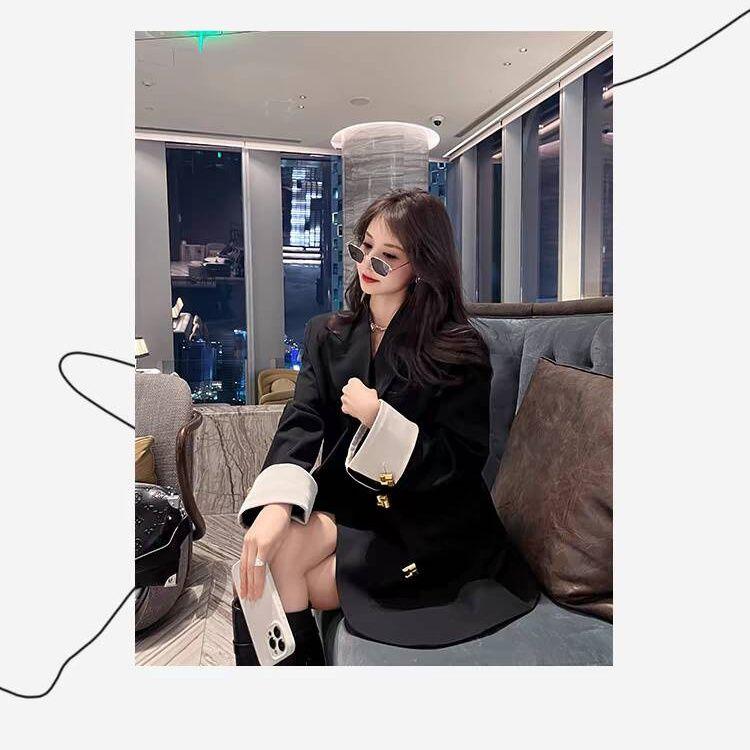 Sophisticated and Chic: Black Spring/Autumn Loose Fit Suit Jacket with Casual Elegance and Style