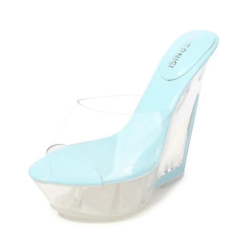 Sexy Ultra-high Heel Cool Slippers High Transparent Slope Crystal Waterproof Platform Sexy Open-toed Sandals WZ