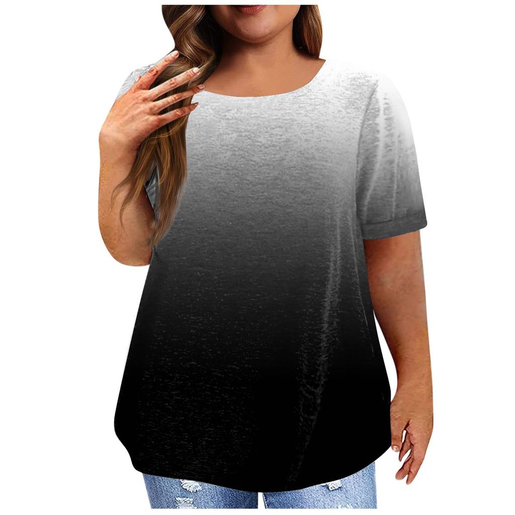 Women's Vintage Gradient Pleated Short Sleeve Casual T-shirt Top Plus Size Pullover Basic Top
