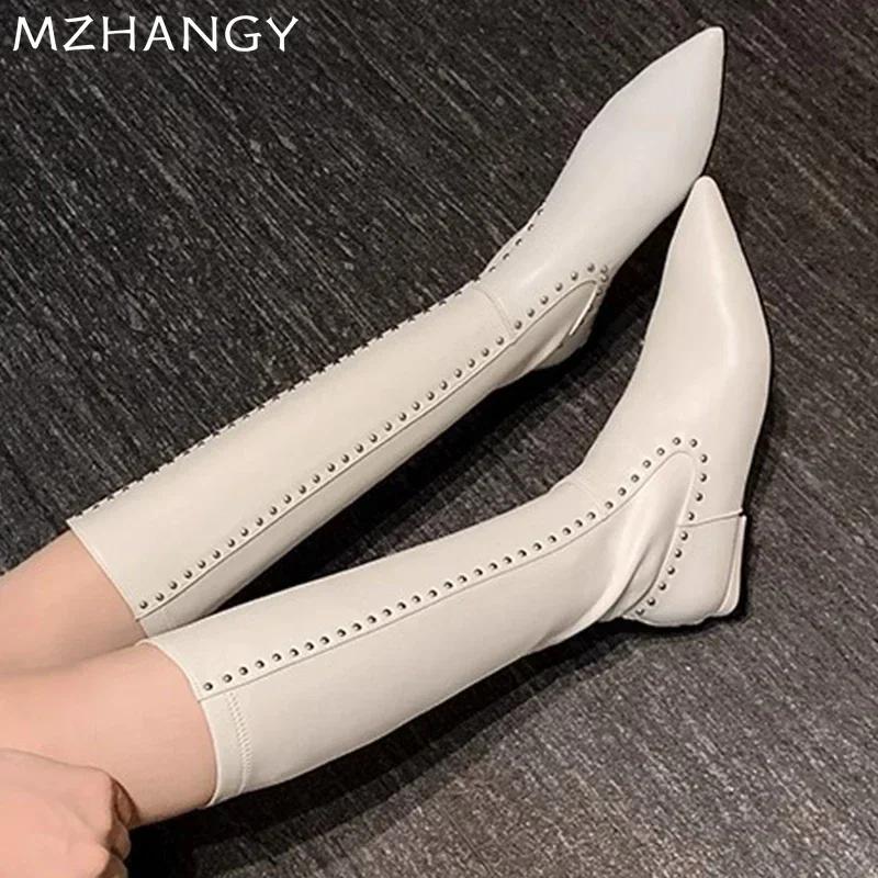 Модные женские сапоги с острым носком, кожаные сексуальные туфли на каблуках, элегантные женские туфли 2024 года, новые модные ботинки «Челси», роскошные женские мотоциклетные сапоги