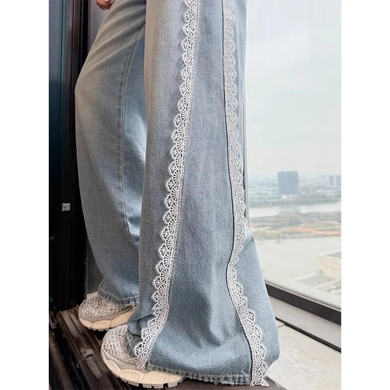 Women's Blue Lace Jeans Baggy Y2K Korean Edition Harajuku 2000s Streetwear Fashion Cute Academy Retro Jeans Pants Clothing 2025