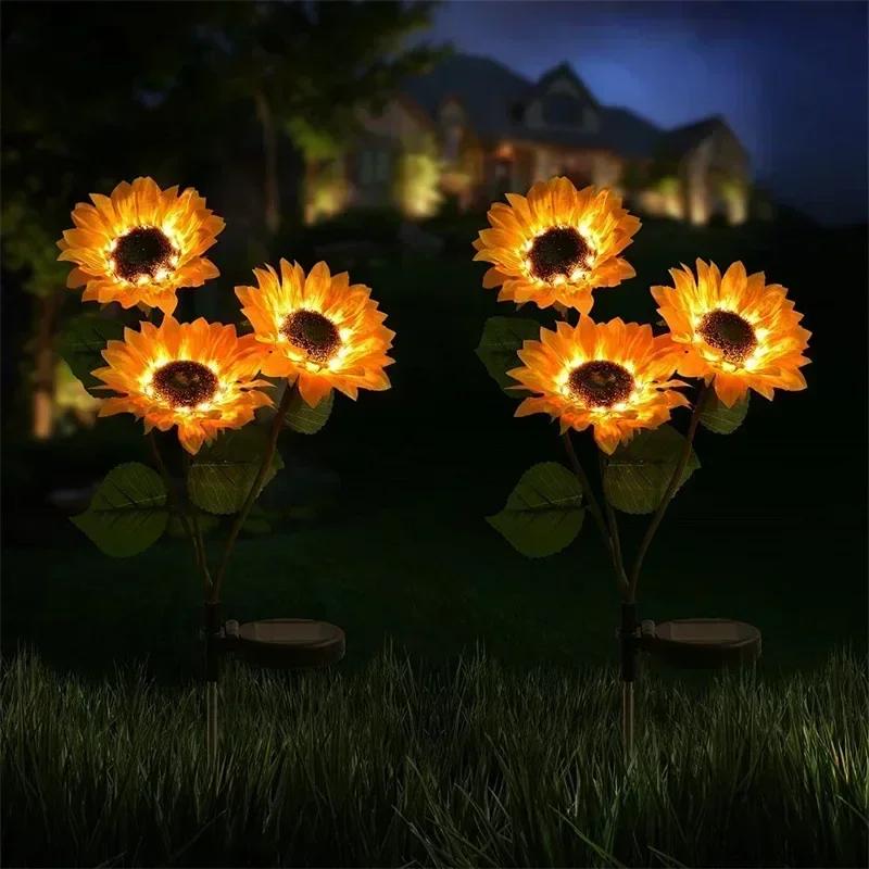 Solar Powered Sunflower Simulation LED Lights 1/3 Heads Garden Yard Lawn Night Landscape Lamp Christmas Decor Flower Light