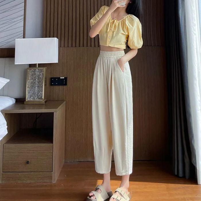 Женские летние тонкие свободные и узкие брюки-морковки с высокой талией и девятью точками, верхняя одежда из ледяного шелка, солнцезащитные повседневные шаровары