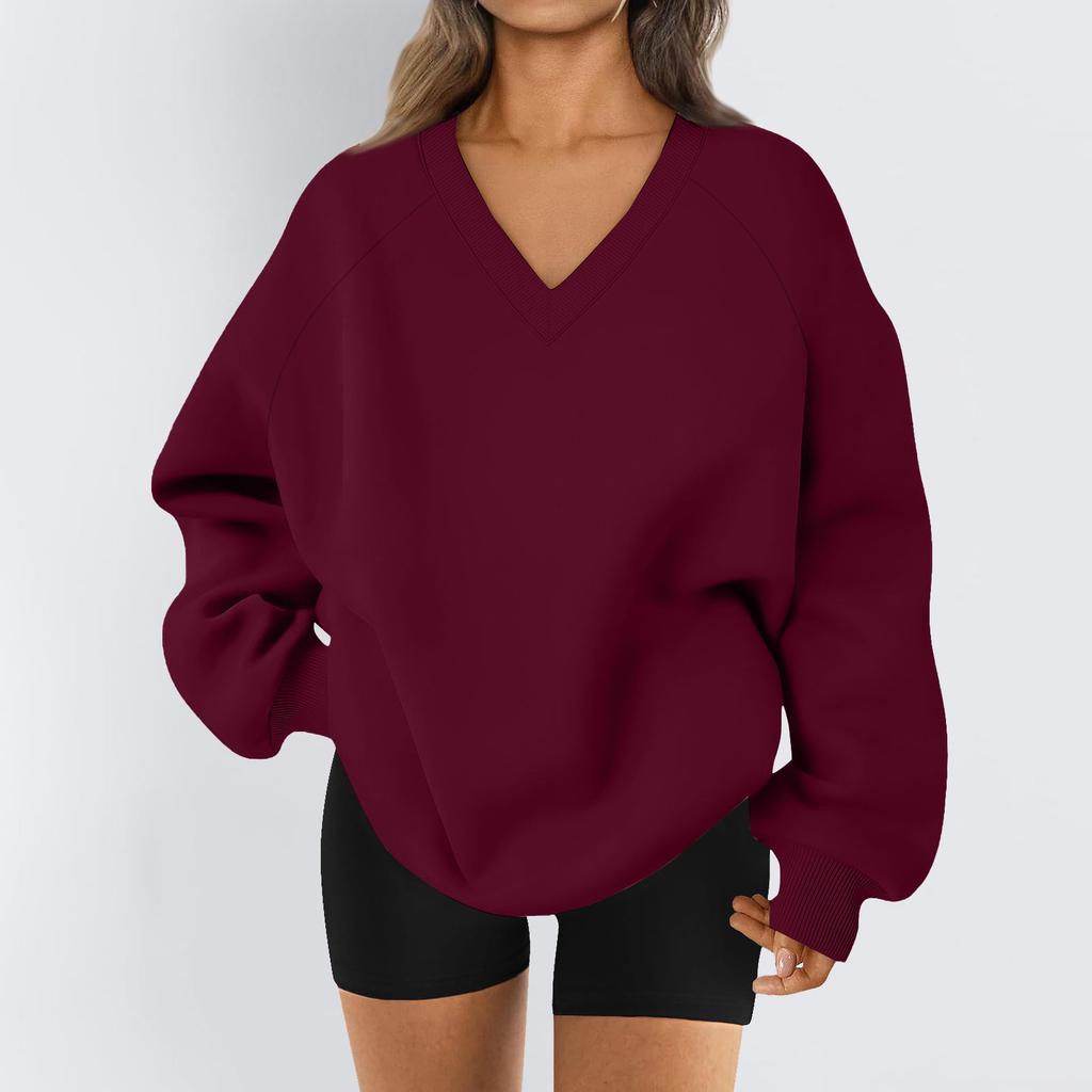 Ladies Long Sleeve Solid Color V-neck Sweatshirt