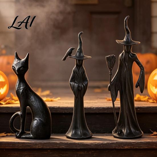 Black Cat Statue Abstract Witch Figurine Resin Statue Gothic Heavy Duty Crafts Ornament Halloween Tabletop Decor for Home Mantel Office Desk Retro