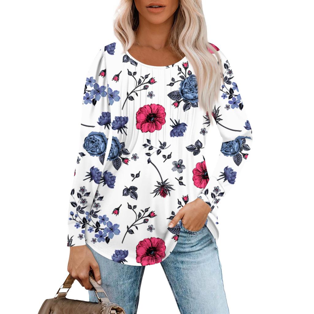 Рубашки с длинным рукавом для женщин, топы, нарядные повседневные блузки, плиссированные топы-туники с круглым вырезом