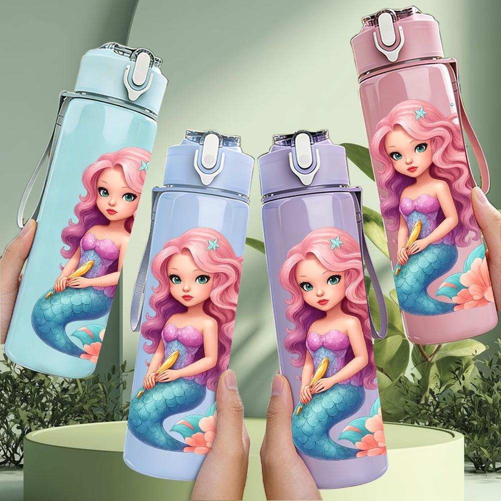 1PC Ocean Mermaid Cartoon Art 750ml Color Plastic Sports Water Bottle Leakproof Flip Straw Lid Suitable for Sports Office Home Use