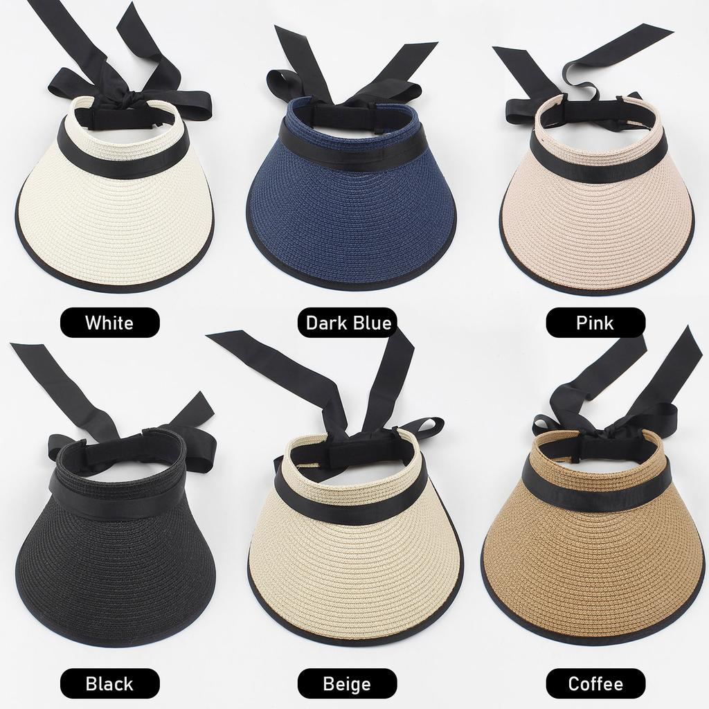 Women Sun Visor Hat Adjustable Wide Brim Bowknot Straw Hat Beach Hat