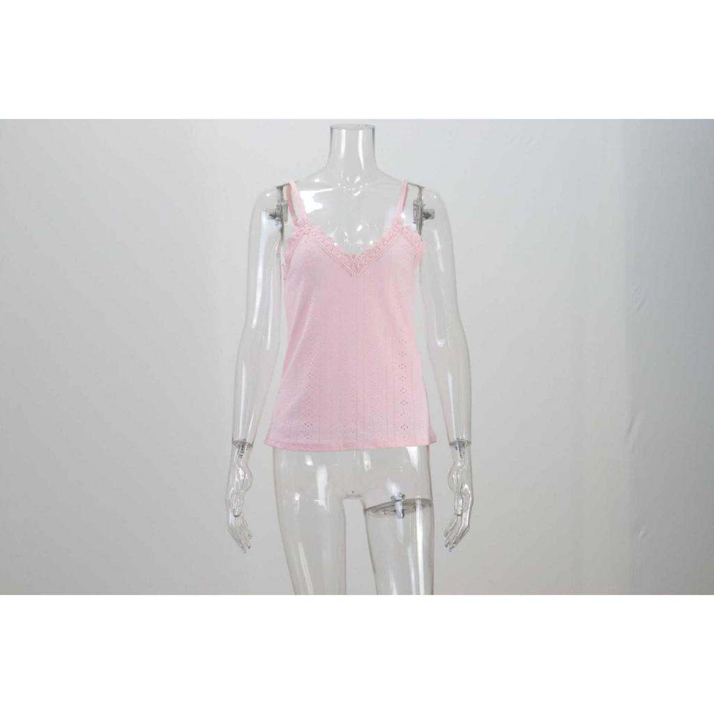 Летняя новая женская майка-топ на бретелях с V-образным вырезом и кружевом