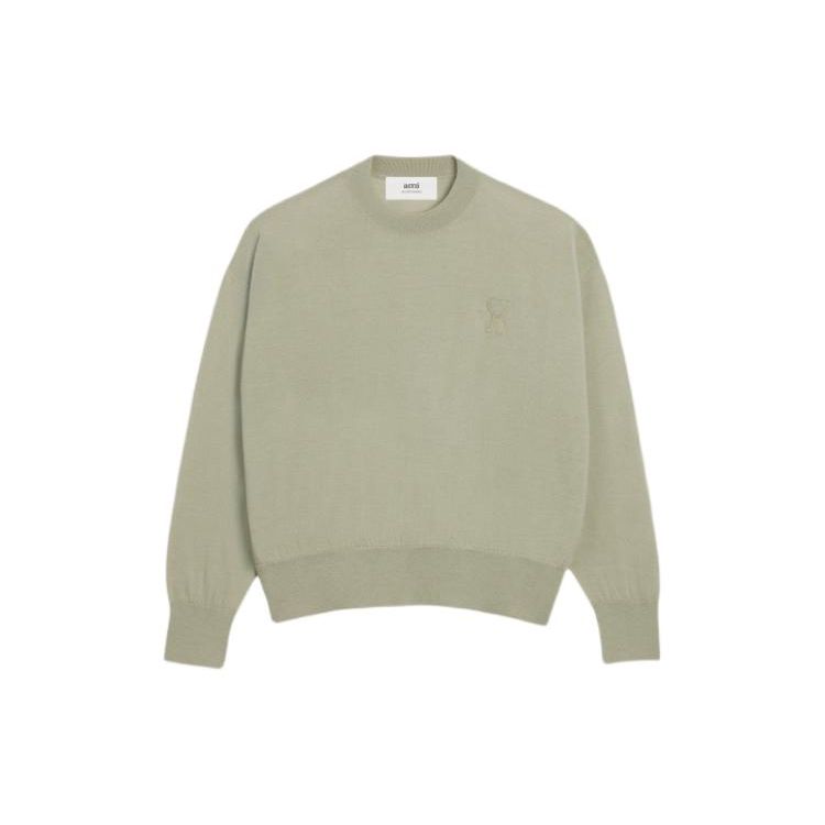 AMIPARIS Solid Color Patch Heart Round Neck Pullover Long Sleeve Sweater Unisex sweater Sandy-Green UKS042KN0039-366