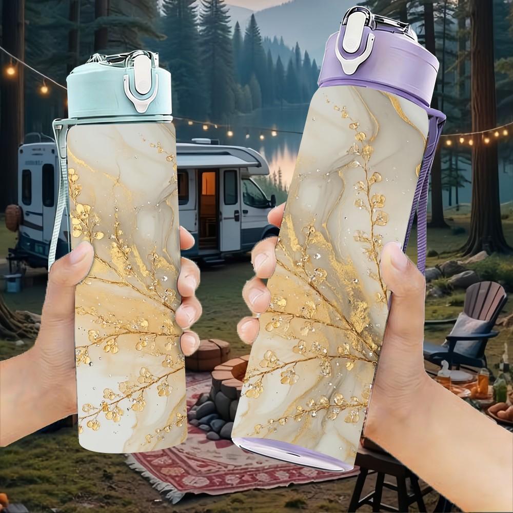 1PC Dried Golden Pampas Grass Boho Texture Art 750ml Color Plastic Sports Water Bottle Leakproof Flip Straw Lid Suitable for Sports Office Home Use