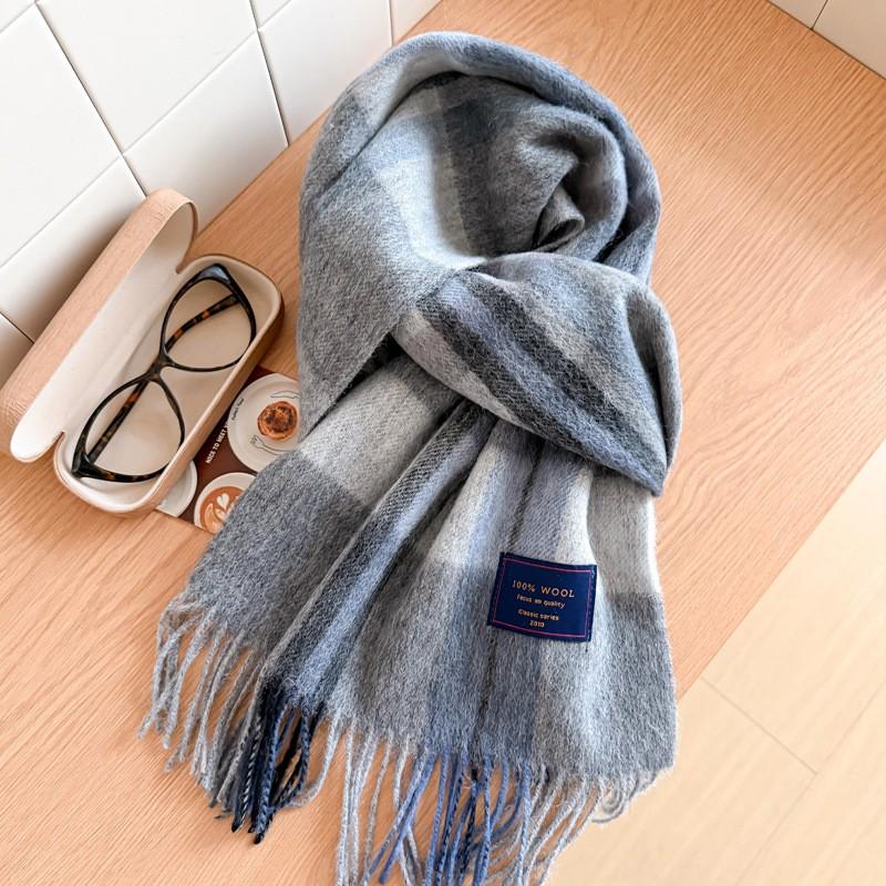 100% Wool Plaid Scarf Men Women Couple Warm Cashmere Blend Checked Winter Neckwear