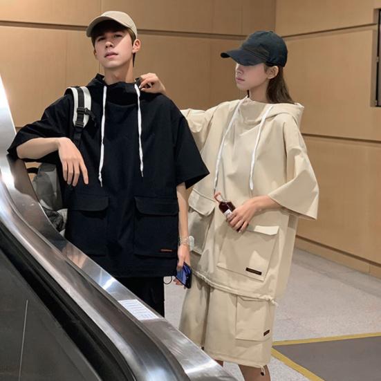 2 шт./компл. повседневный наряд унисекс, футболка с капюшоном и короткими рукавами, эластичный шнурок на талии, широкие шорты, комплект, однотонный свободный крой, наряд