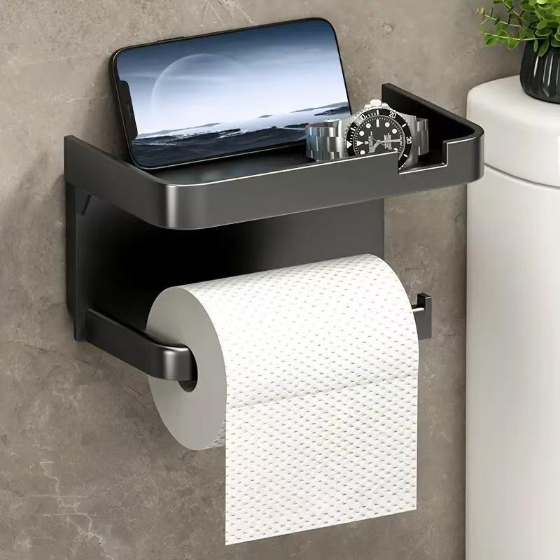 Toilet Paper Holder with Phone Shelf Adhesive No Punch Wall Mounted Tissue Rack for Hotel Bathroom Home Use