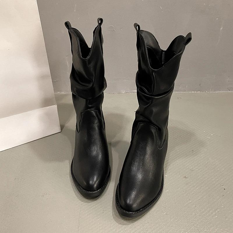 Женские сапоги на высоком каблуке до середины голени с плиссировкой, осенне-зимние женские черные коричневые кожаные сапоги в стиле вестерн, женские ковбойские сапоги на толстом каблуке