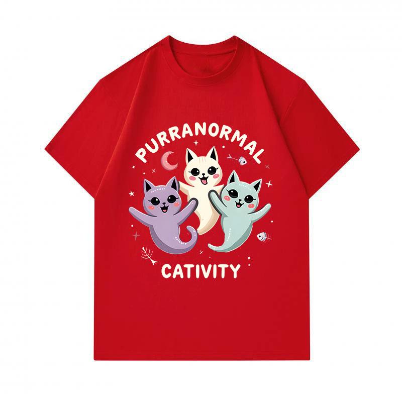 Men's 100% Cotton Crew Neck Short Sleeve T-Shirt, Cute Purranormal Cat Ghost Print Casual Halloween Tee, Soft Breathable Daily Top for Cat Lovers